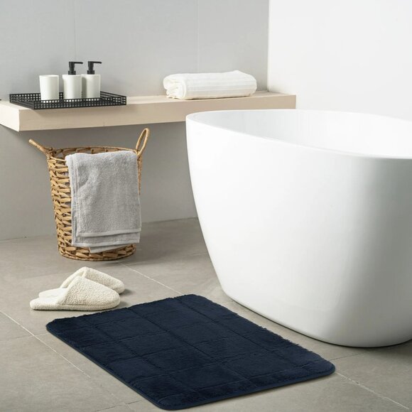 Hotel Style Luxurious Navy Blue Memory Foam Bathmat 27" X 18" Non-Slip - Picture 4 of 7